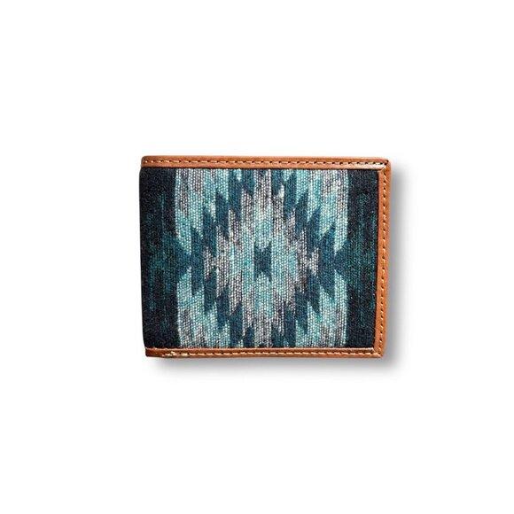 Tony Lama Bifold Wallet Blue Gray Aztec Canvas Leather Western RFID Cowboy NIB - Picture 1 of 7